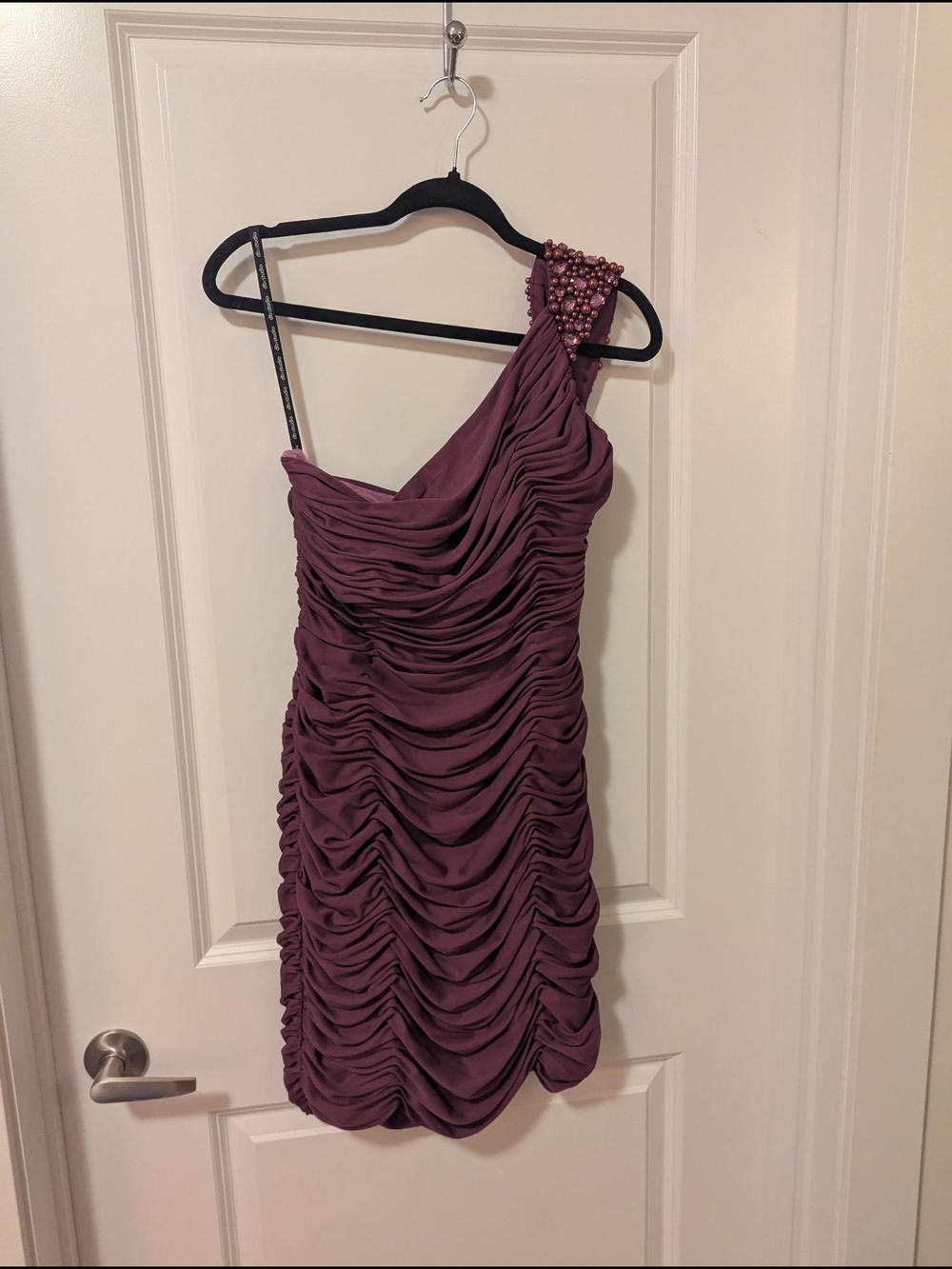 David's Bridal One-Shoulder Ruched Dress with Jeweled Shoulder in Plum